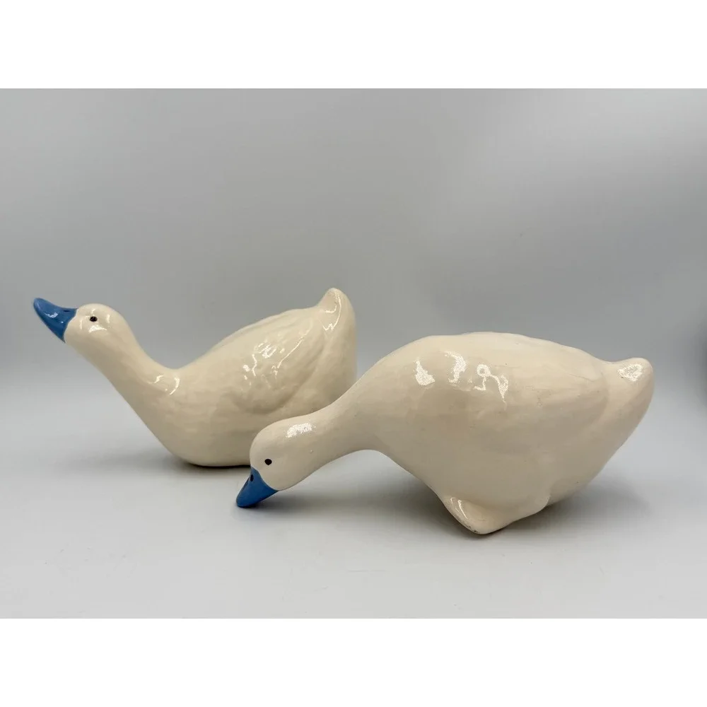 Ceramic Duck Figurines Set of 2 Cream Blue Beak Farmhouse Cottage Decor 7
